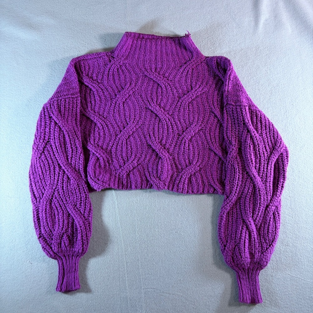 Free People Purple Cable Knit Cropped Mock Neck Sweater Womens XS Balloon Sleeve
